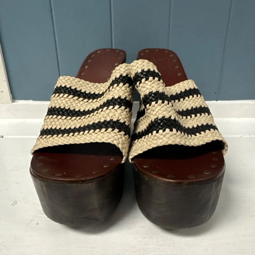 Joie Black Ivory Black Woven Stripe Braided Leather Platform Wood Wedges 10 - 40